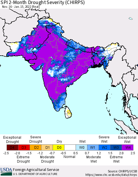 Southern Asia SPI 2-Month Drought Severity (CHIRPS) Thematic Map For 11/16/2021 - 1/15/2022