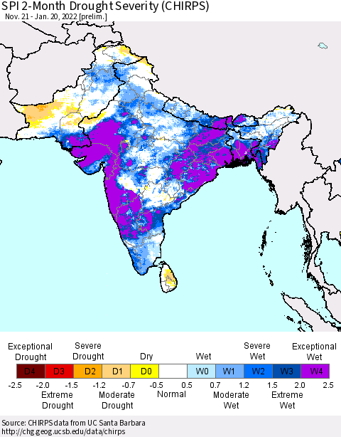 Southern Asia SPI 2-Month Drought Severity (CHIRPS) Thematic Map For 11/21/2021 - 1/20/2022