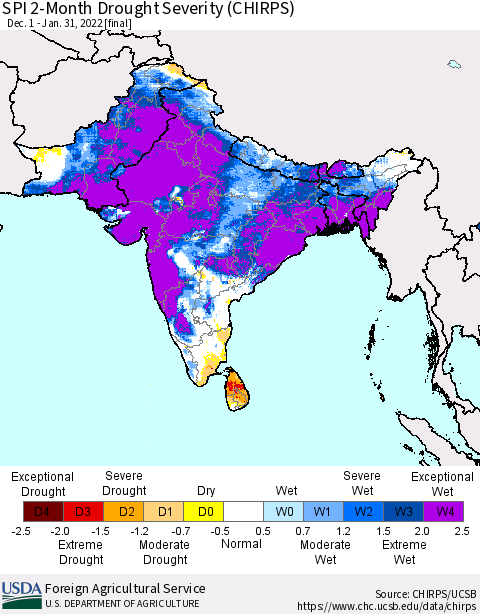 Southern Asia SPI 2-Month Drought Severity (CHIRPS) Thematic Map For 12/1/2021 - 1/31/2022