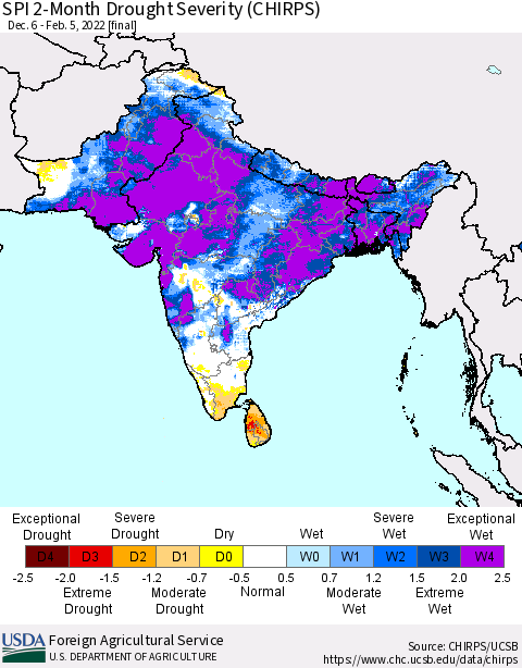 Southern Asia SPI 2-Month Drought Severity (CHIRPS) Thematic Map For 12/6/2021 - 2/5/2022