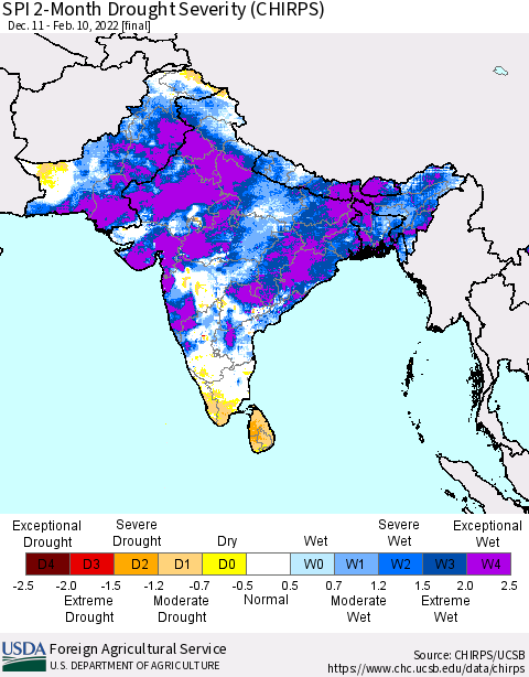 Southern Asia SPI 2-Month Drought Severity (CHIRPS) Thematic Map For 12/11/2021 - 2/10/2022