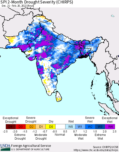 Southern Asia SPI 2-Month Drought Severity (CHIRPS) Thematic Map For 12/21/2021 - 2/20/2022
