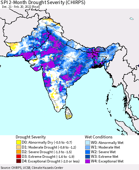 Southern Asia SPI 2-Month Drought Severity (CHIRPS) Thematic Map For 12/21/2021 - 2/20/2022