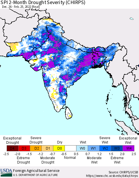 Southern Asia SPI 2-Month Drought Severity (CHIRPS) Thematic Map For 12/26/2021 - 2/25/2022