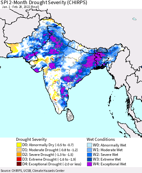 Southern Asia SPI 2-Month Drought Severity (CHIRPS) Thematic Map For 1/1/2022 - 2/28/2022