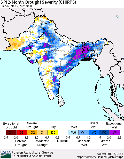 Southern Asia SPI 2-Month Drought Severity (CHIRPS) Thematic Map For 1/6/2022 - 3/5/2022