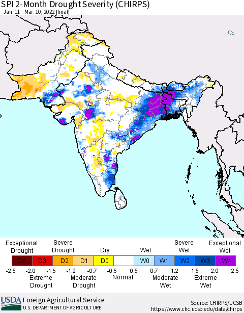 Southern Asia SPI 2-Month Drought Severity (CHIRPS) Thematic Map For 1/11/2022 - 3/10/2022