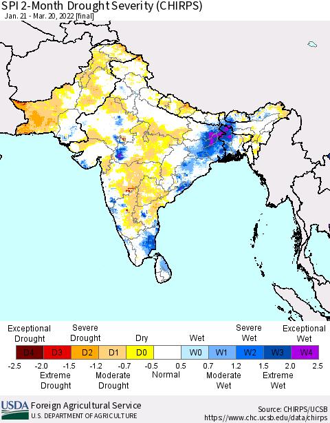 Southern Asia SPI 2-Month Drought Severity (CHIRPS) Thematic Map For 1/21/2022 - 3/20/2022