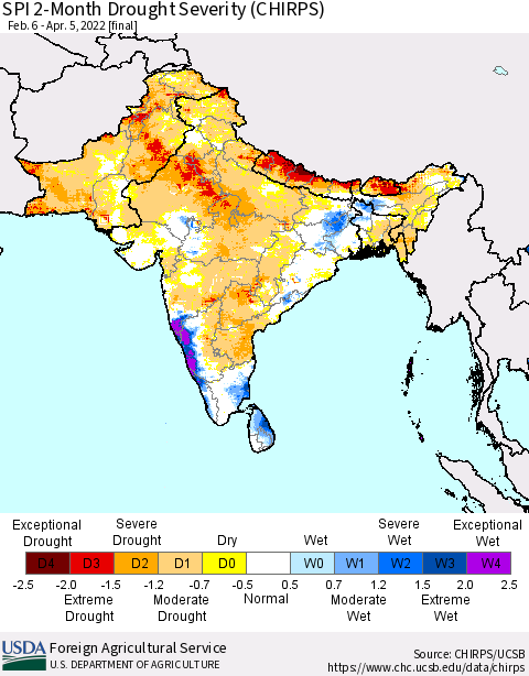 Southern Asia SPI 2-Month Drought Severity (CHIRPS) Thematic Map For 2/6/2022 - 4/5/2022