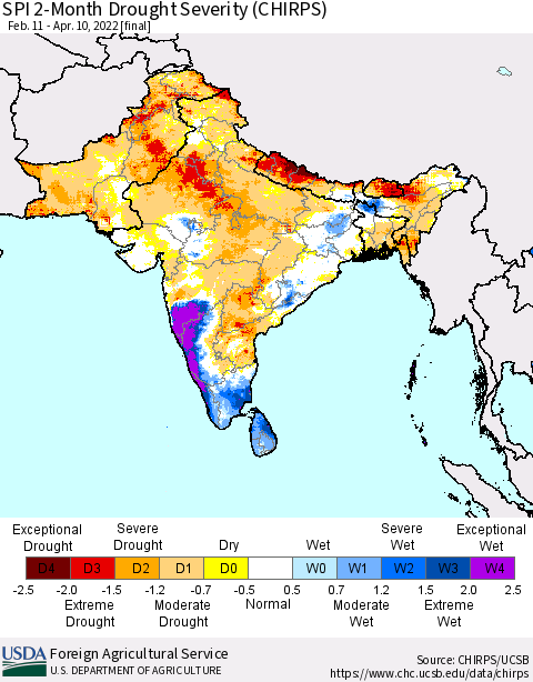 Southern Asia SPI 2-Month Drought Severity (CHIRPS) Thematic Map For 2/11/2022 - 4/10/2022