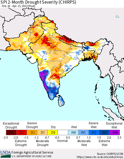 Southern Asia SPI 2-Month Drought Severity (CHIRPS) Thematic Map For 2/16/2022 - 4/15/2022