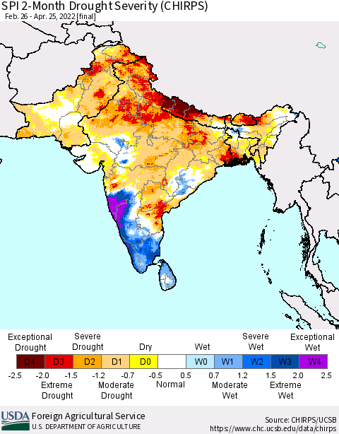 Southern Asia SPI 2-Month Drought Severity (CHIRPS) Thematic Map For 2/26/2022 - 4/25/2022