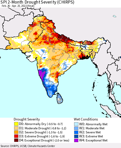 Southern Asia SPI 2-Month Drought Severity (CHIRPS) Thematic Map For 2/26/2022 - 4/25/2022