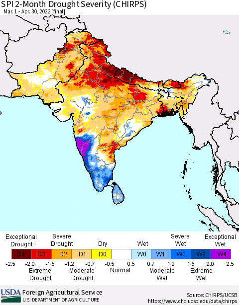 Southern Asia SPI 2-Month Drought Severity (CHIRPS) Thematic Map For 3/1/2022 - 4/30/2022