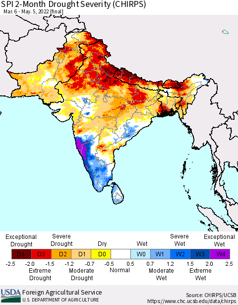 Southern Asia SPI 2-Month Drought Severity (CHIRPS) Thematic Map For 3/6/2022 - 5/5/2022