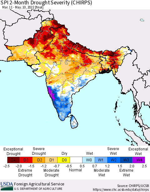 Southern Asia SPI 2-Month Drought Severity (CHIRPS) Thematic Map For 3/11/2022 - 5/10/2022