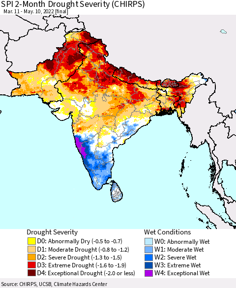 Southern Asia SPI 2-Month Drought Severity (CHIRPS) Thematic Map For 3/11/2022 - 5/10/2022