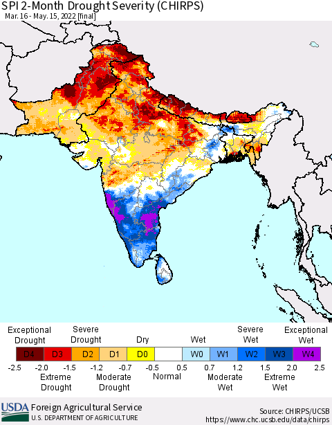 Southern Asia SPI 2-Month Drought Severity (CHIRPS) Thematic Map For 3/16/2022 - 5/15/2022