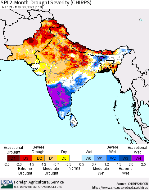 Southern Asia SPI 2-Month Drought Severity (CHIRPS) Thematic Map For 3/21/2022 - 5/20/2022