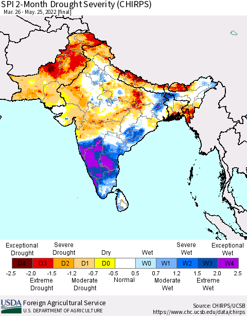Southern Asia SPI 2-Month Drought Severity (CHIRPS) Thematic Map For 3/26/2022 - 5/25/2022