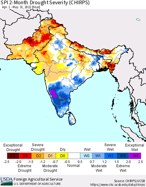Southern Asia SPI 2-Month Drought Severity (CHIRPS) Thematic Map For 4/1/2022 - 5/31/2022