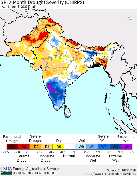 Southern Asia SPI 2-Month Drought Severity (CHIRPS) Thematic Map For 4/6/2022 - 6/5/2022