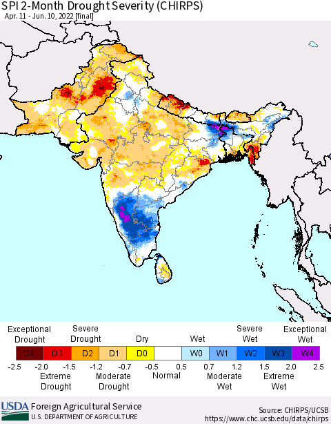 Southern Asia SPI 2-Month Drought Severity (CHIRPS) Thematic Map For 4/11/2022 - 6/10/2022