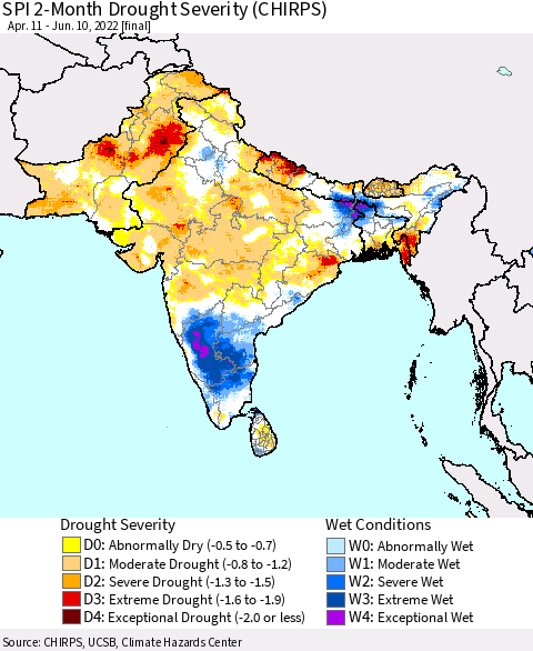 Southern Asia SPI 2-Month Drought Severity (CHIRPS) Thematic Map For 4/11/2022 - 6/10/2022