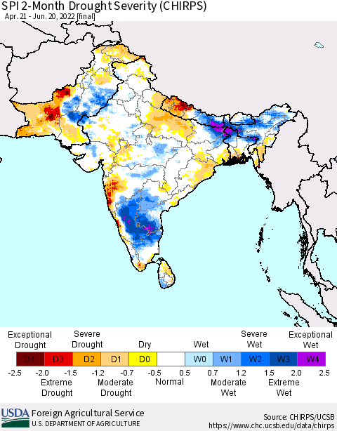 Southern Asia SPI 2-Month Drought Severity (CHIRPS) Thematic Map For 4/21/2022 - 6/20/2022