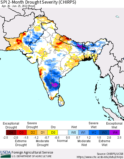 Southern Asia SPI 2-Month Drought Severity (CHIRPS) Thematic Map For 4/26/2022 - 6/25/2022