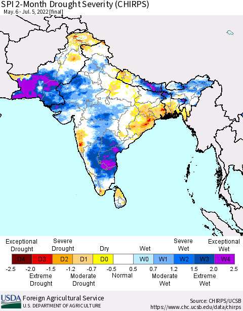 Southern Asia SPI 2-Month Drought Severity (CHIRPS) Thematic Map For 5/6/2022 - 7/5/2022