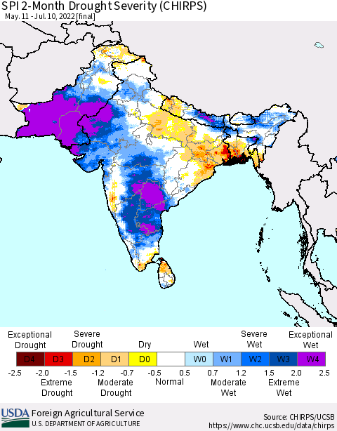 Southern Asia SPI 2-Month Drought Severity (CHIRPS) Thematic Map For 5/11/2022 - 7/10/2022