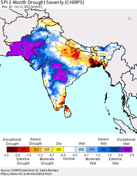 Southern Asia SPI 2-Month Drought Severity (CHIRPS) Thematic Map For 5/16/2022 - 7/15/2022