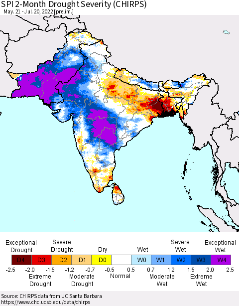 Southern Asia SPI 2-Month Drought Severity (CHIRPS) Thematic Map For 5/21/2022 - 7/20/2022