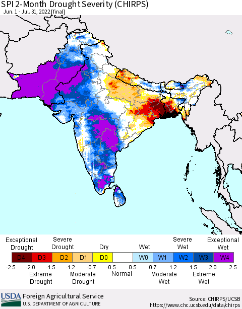 Southern Asia SPI 2-Month Drought Severity (CHIRPS) Thematic Map For 6/1/2022 - 7/31/2022