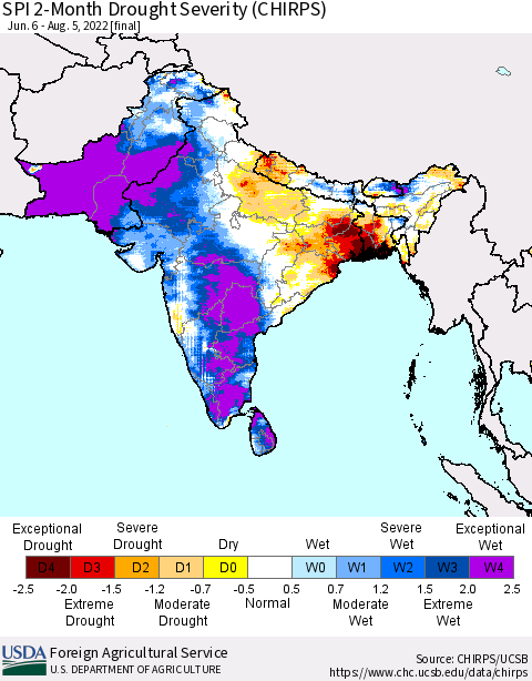 Southern Asia SPI 2-Month Drought Severity (CHIRPS) Thematic Map For 6/6/2022 - 8/5/2022