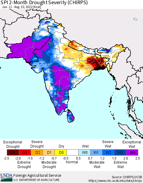 Southern Asia SPI 2-Month Drought Severity (CHIRPS) Thematic Map For 6/11/2022 - 8/10/2022