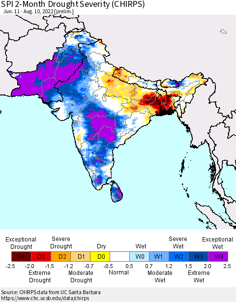 Southern Asia SPI 2-Month Drought Severity (CHIRPS) Thematic Map For 6/11/2022 - 8/10/2022