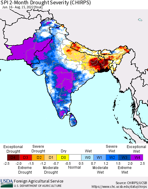 Southern Asia SPI 2-Month Drought Severity (CHIRPS) Thematic Map For 6/16/2022 - 8/15/2022