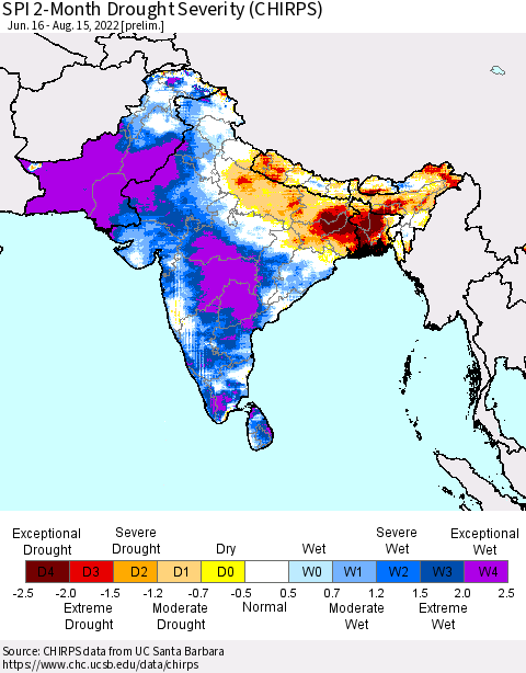 Southern Asia SPI 2-Month Drought Severity (CHIRPS) Thematic Map For 6/16/2022 - 8/15/2022
