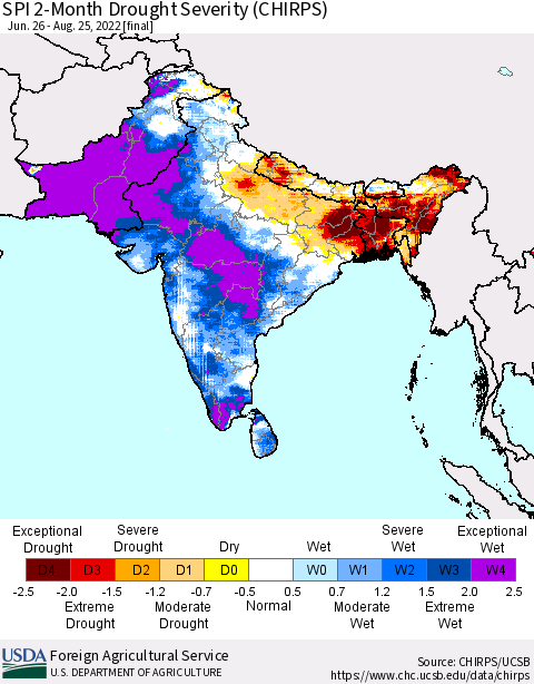 Southern Asia SPI 2-Month Drought Severity (CHIRPS) Thematic Map For 6/26/2022 - 8/25/2022