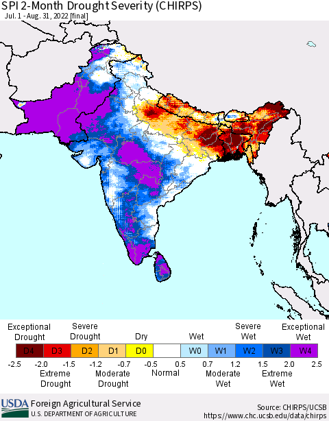 Southern Asia SPI 2-Month Drought Severity (CHIRPS) Thematic Map For 7/1/2022 - 8/31/2022