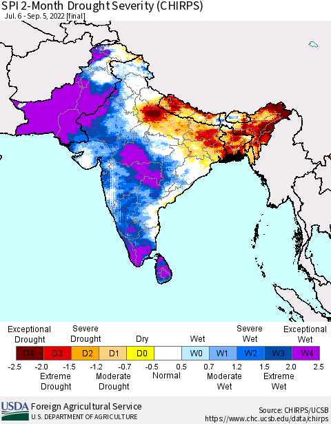 Southern Asia SPI 2-Month Drought Severity (CHIRPS) Thematic Map For 7/6/2022 - 9/5/2022