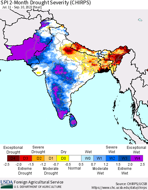 Southern Asia SPI 2-Month Drought Severity (CHIRPS) Thematic Map For 7/11/2022 - 9/10/2022