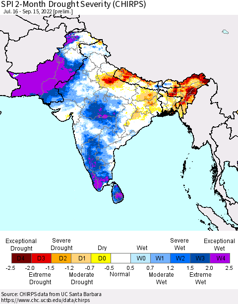 Southern Asia SPI 2-Month Drought Severity (CHIRPS) Thematic Map For 7/16/2022 - 9/15/2022