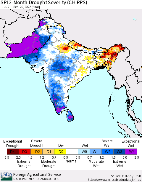 Southern Asia SPI 2-Month Drought Severity (CHIRPS) Thematic Map For 7/21/2022 - 9/20/2022