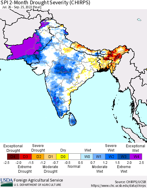 Southern Asia SPI 2-Month Drought Severity (CHIRPS) Thematic Map For 7/26/2022 - 9/25/2022