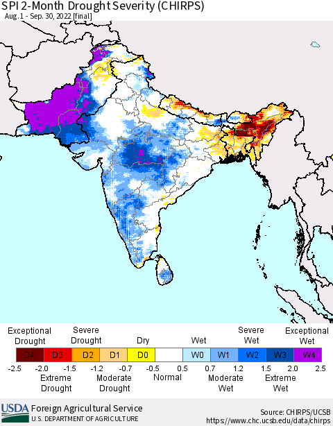 Southern Asia SPI 2-Month Drought Severity (CHIRPS) Thematic Map For 8/1/2022 - 9/30/2022