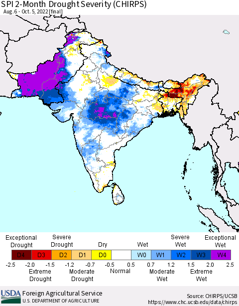 Southern Asia SPI 2-Month Drought Severity (CHIRPS) Thematic Map For 8/6/2022 - 10/5/2022