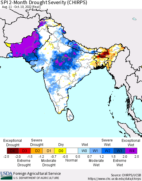 Southern Asia SPI 2-Month Drought Severity (CHIRPS) Thematic Map For 8/11/2022 - 10/10/2022